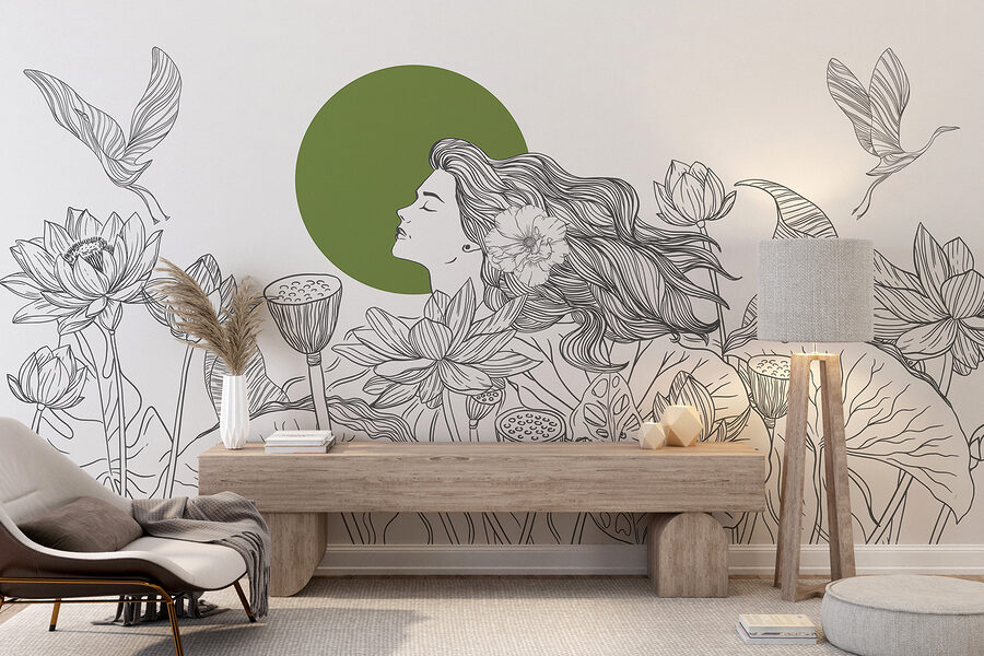 Papier peint Dessin d'une femme aux cheveux longs et aux fleurs – Image 4
