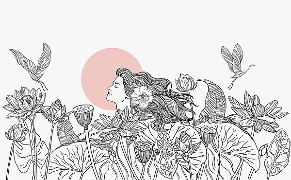 Dessin d'une femme aux cheveux longs et aux fleurs Dessin d'une femme aux cheveux longs et aux fleurs