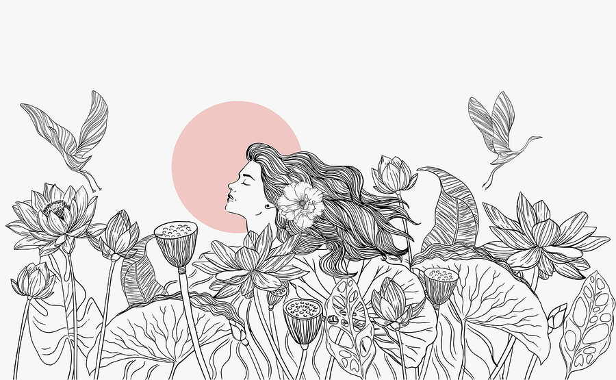Dessin d'une femme aux cheveux longs et aux fleurs