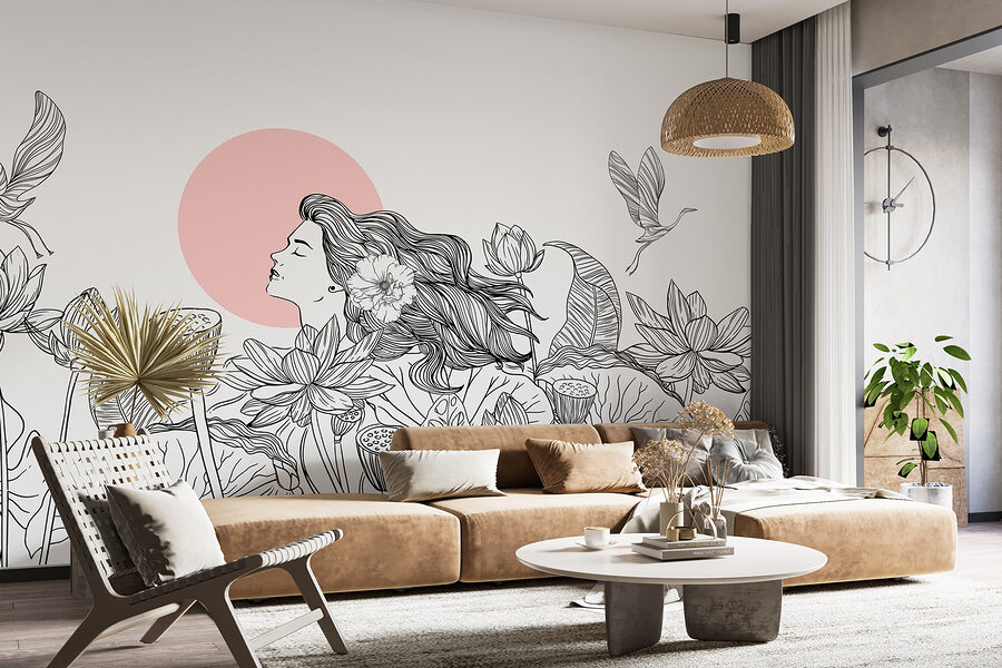 Dessin d'une femme aux cheveux longs et aux fleurs