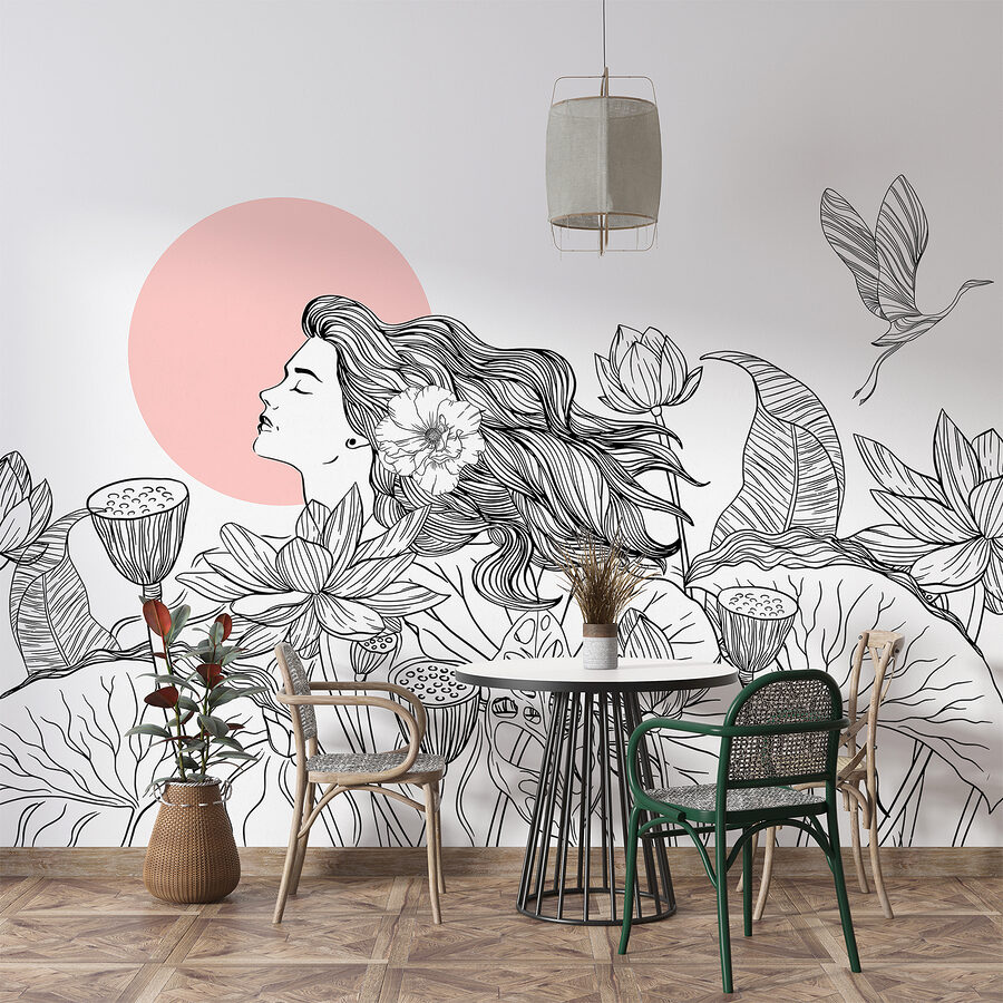 Dessin d'une femme aux cheveux longs et aux fleurs