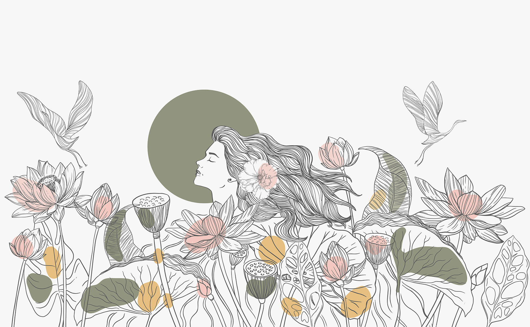 Woman with long hair and flowers