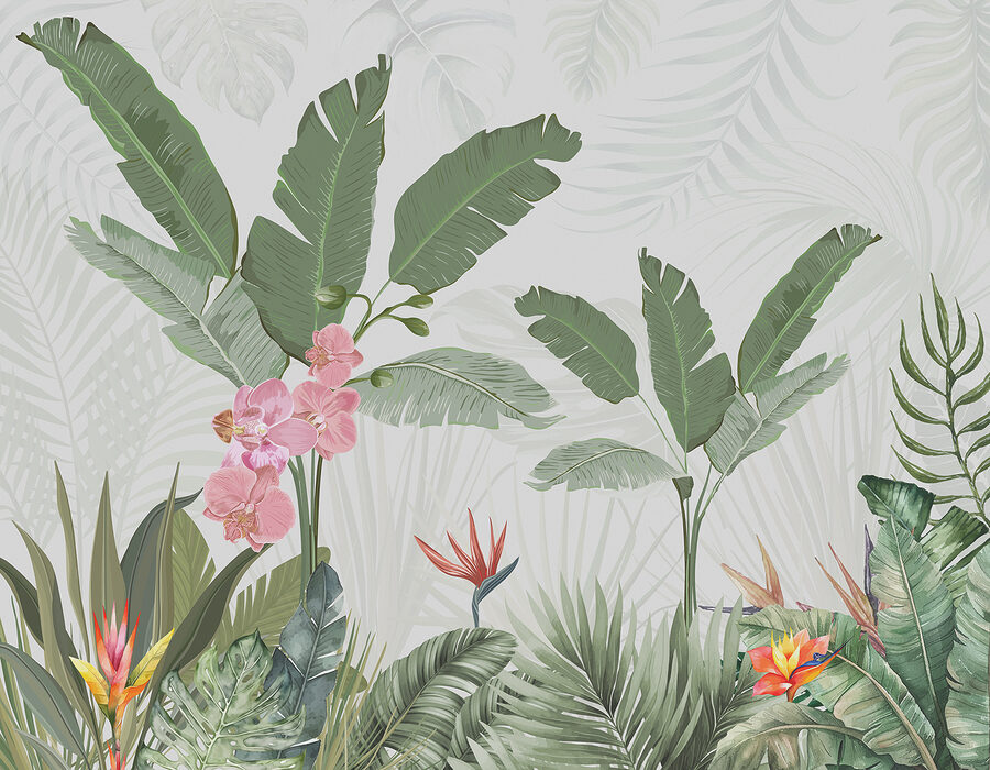 Papier peint avec des fleurs et des plantes