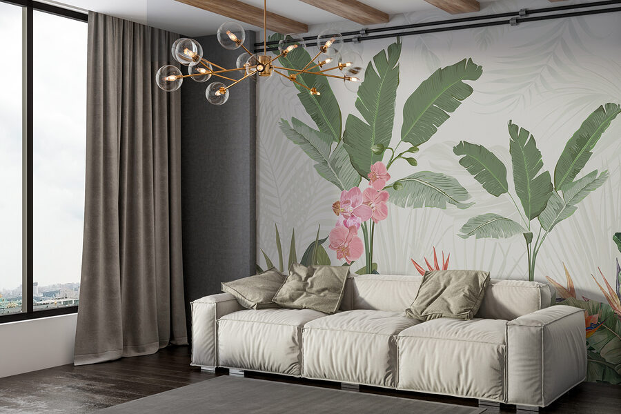 Papier peint avec des fleurs et des plantes