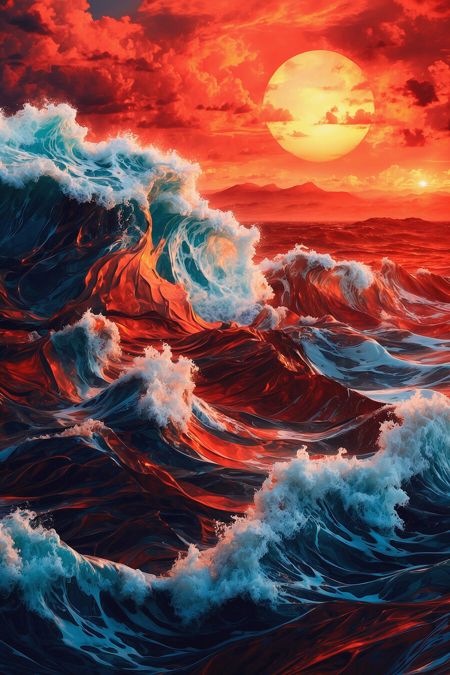 Vagues dans l'océan au coucher du soleil