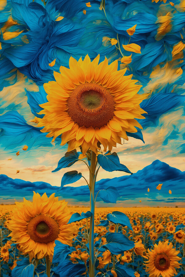 Tournesol avec feuilles bleues et jaunes Tournesol avec feuilles bleues et jaunes