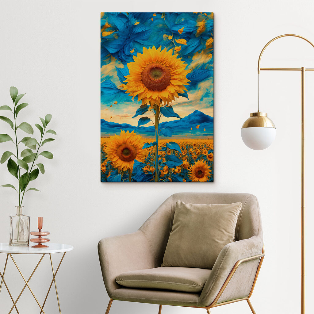 Sunflower with blue and yellow leaves