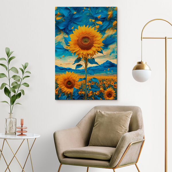 Tournesol avec feuilles bleues et jaunes Tournesol avec feuilles bleues et jaunes