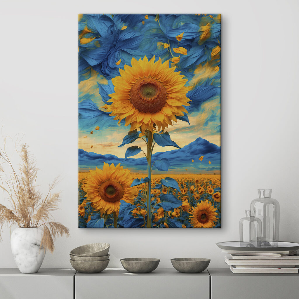 Sunflower with blue and yellow leaves