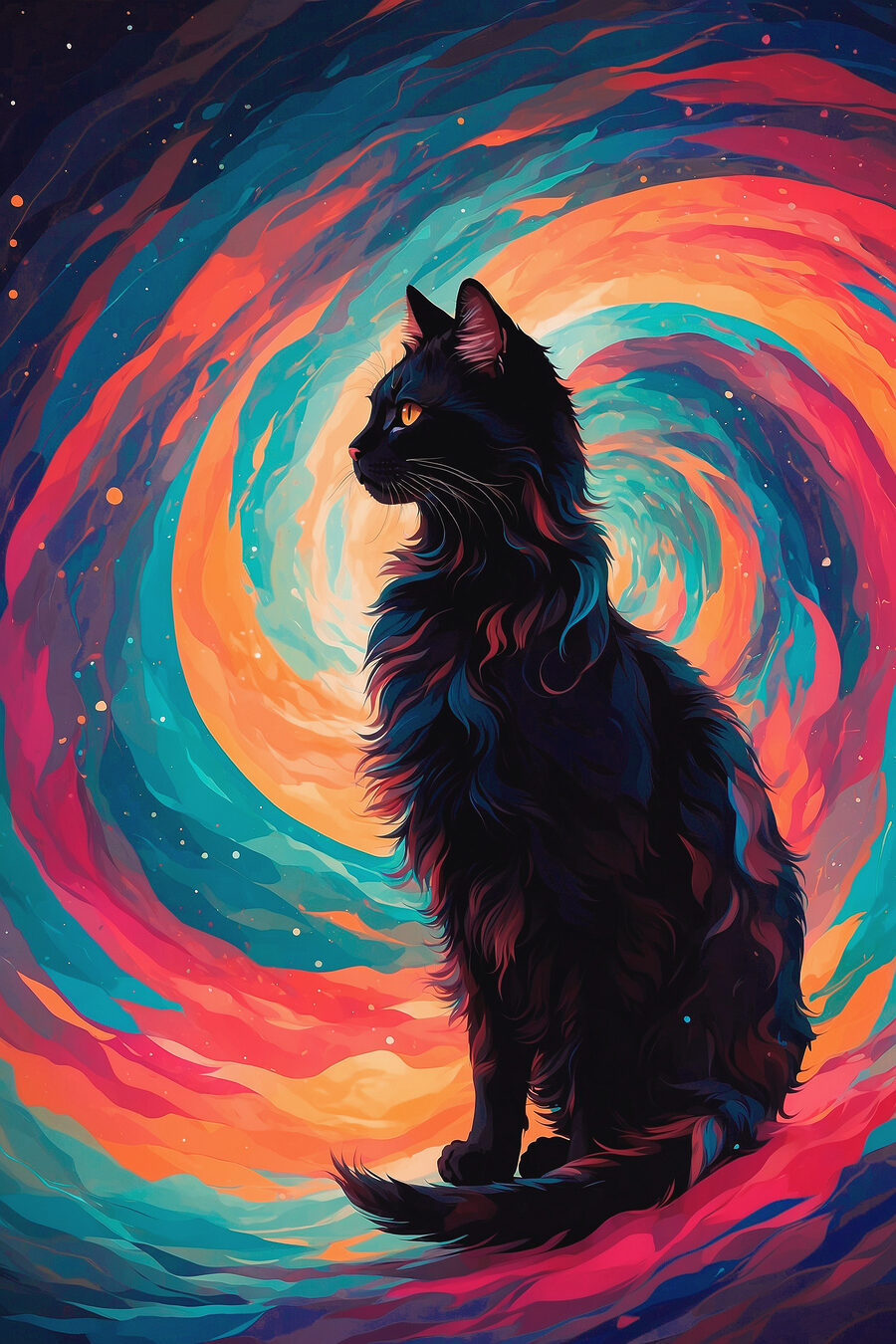 Chat assis devant un tourbillon coloré