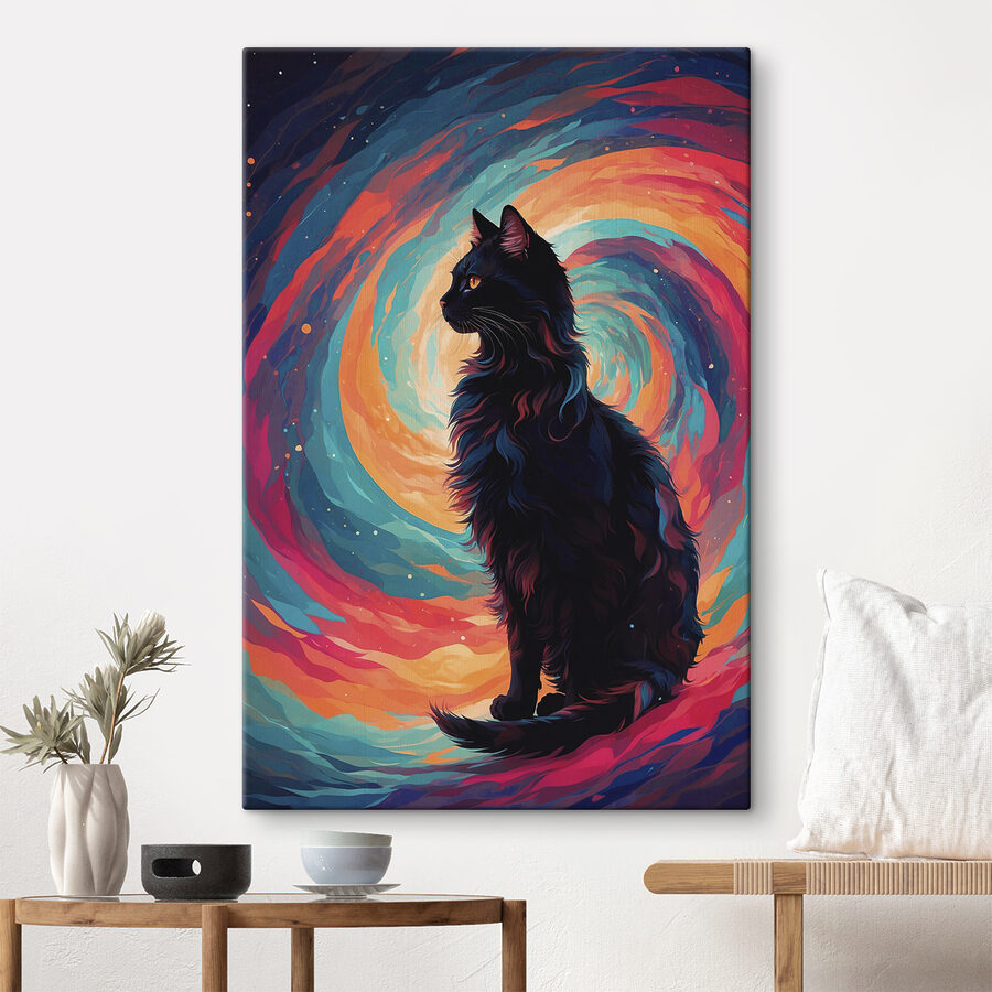 Chat assis devant un tourbillon coloré