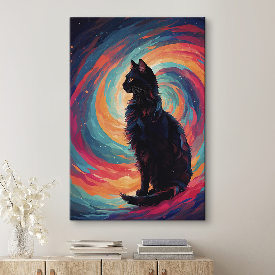 Chat assis devant un tourbillon coloré