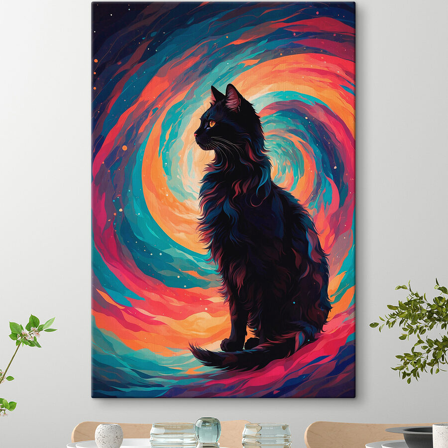 Chat assis devant un tourbillon coloré
