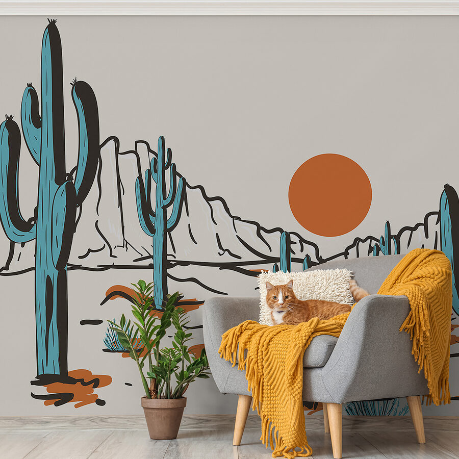 Papier peint Paysage désertique avec cactus et montagnes