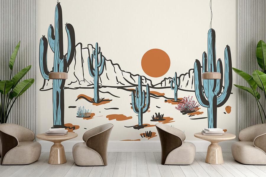 Papier peint Paysage désertique avec cactus et montagnes – Image 2