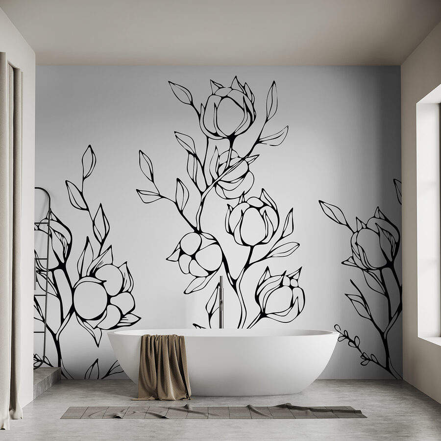 Papier peint Dessin en noir et blanc de fleurs et de feuilles