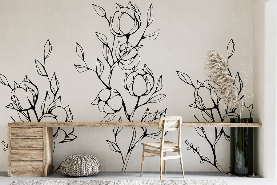 Papier peint Dessin en noir et blanc de fleurs et de feuilles – Image 2