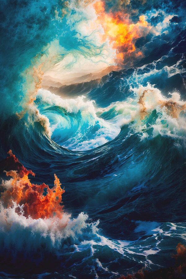 Grandes vagues avec feu et fumée Grandes vagues avec feu et fumée