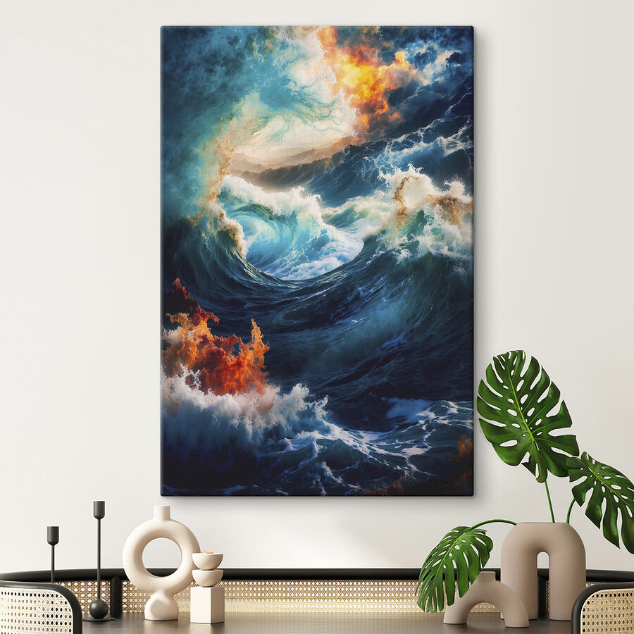 Grandes vagues avec feu et fumée