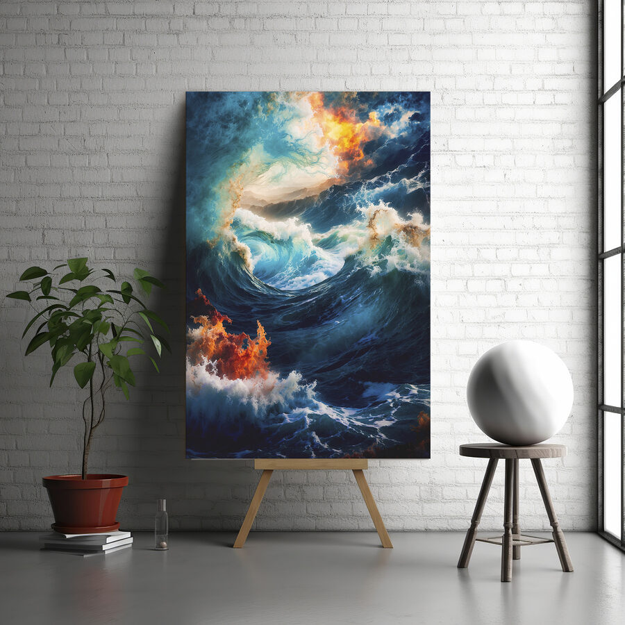 Grandes vagues avec feu et fumée