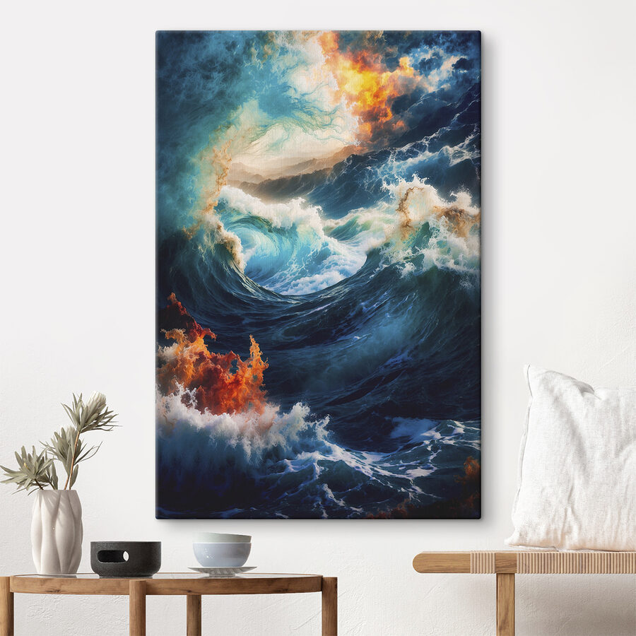 Grandes vagues avec feu et fumée