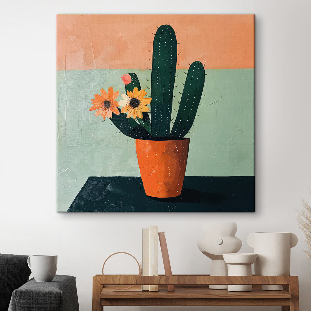 Painting of a cactus with flowers in a pot