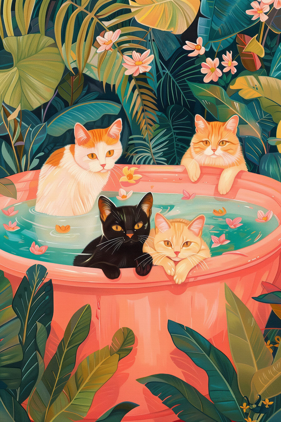 Chats dans un bac d'eau