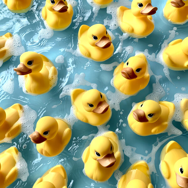 Groupe de canards en caoutchouc jaunes dans une piscine Groupe de canards en caoutchouc jaunes dans une piscine