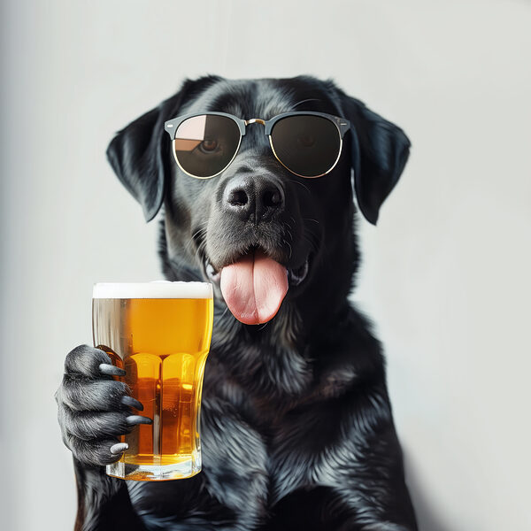 Chien portant des lunettes de soleil et tenant un verre de bière Chien portant des lunettes de soleil et tenant un verre de bière