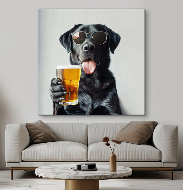 Chien portant des lunettes de soleil et tenant un verre de bière Chien portant des lunettes de soleil et tenant un verre de bière