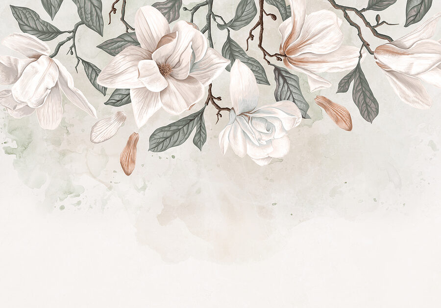 Fleurs et feuilles blanches sur fond blanc
