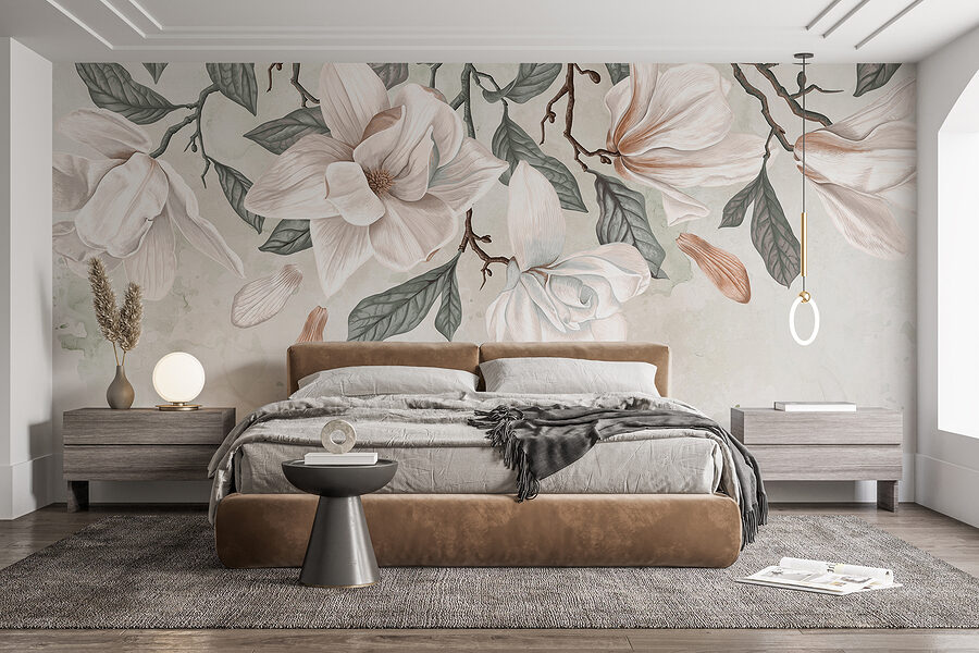 Fleurs et feuilles blanches sur fond blanc