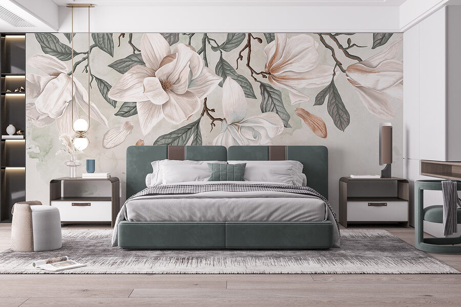 Fleurs et feuilles blanches sur fond blanc