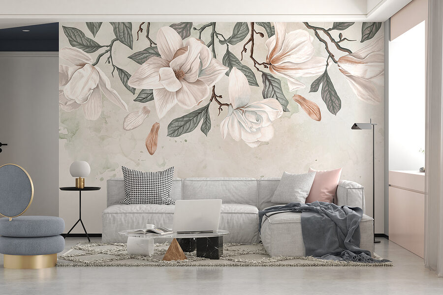 Fleurs et feuilles blanches sur fond blanc