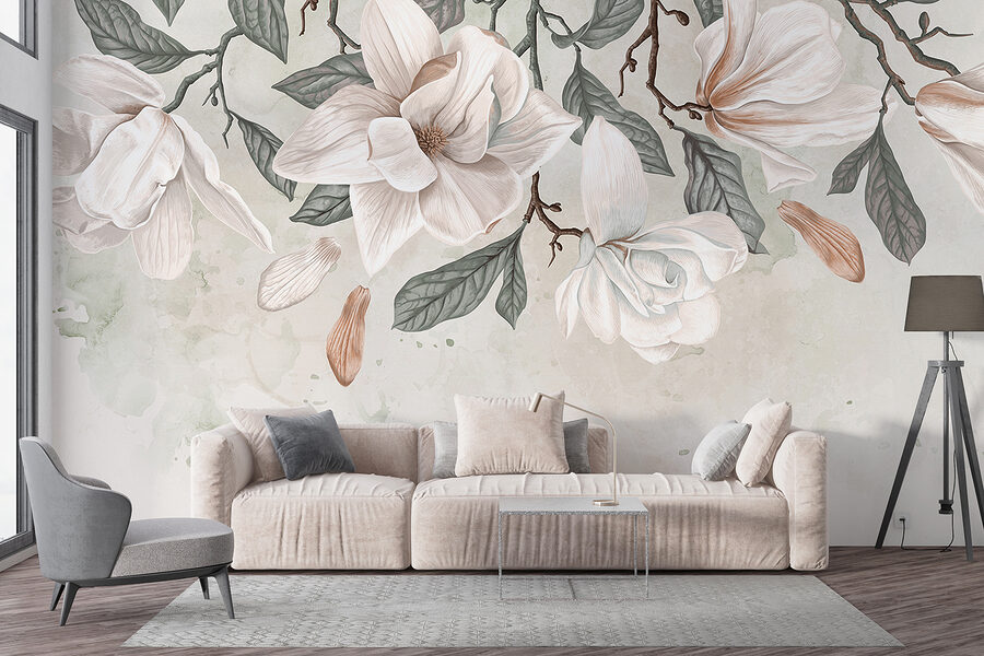 Fleurs et feuilles blanches sur fond blanc