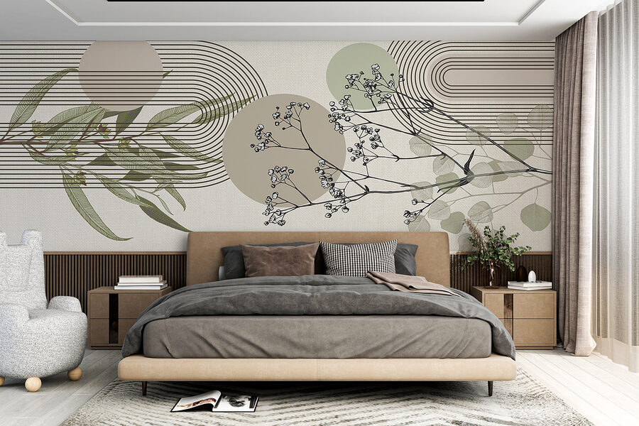 Dessin botanique avec des éléments abstraits.