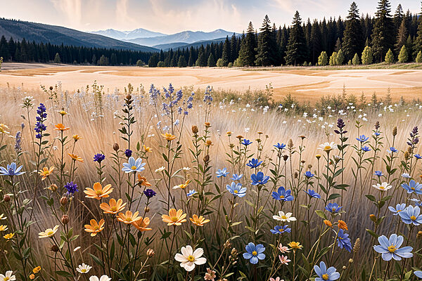 Champ de fleurs avec des arbres en arrière-plan Champ de fleurs avec des arbres en arrière-plan