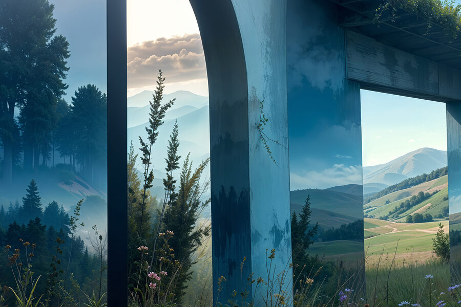 Vue d'un paysage à travers une fenêtre
