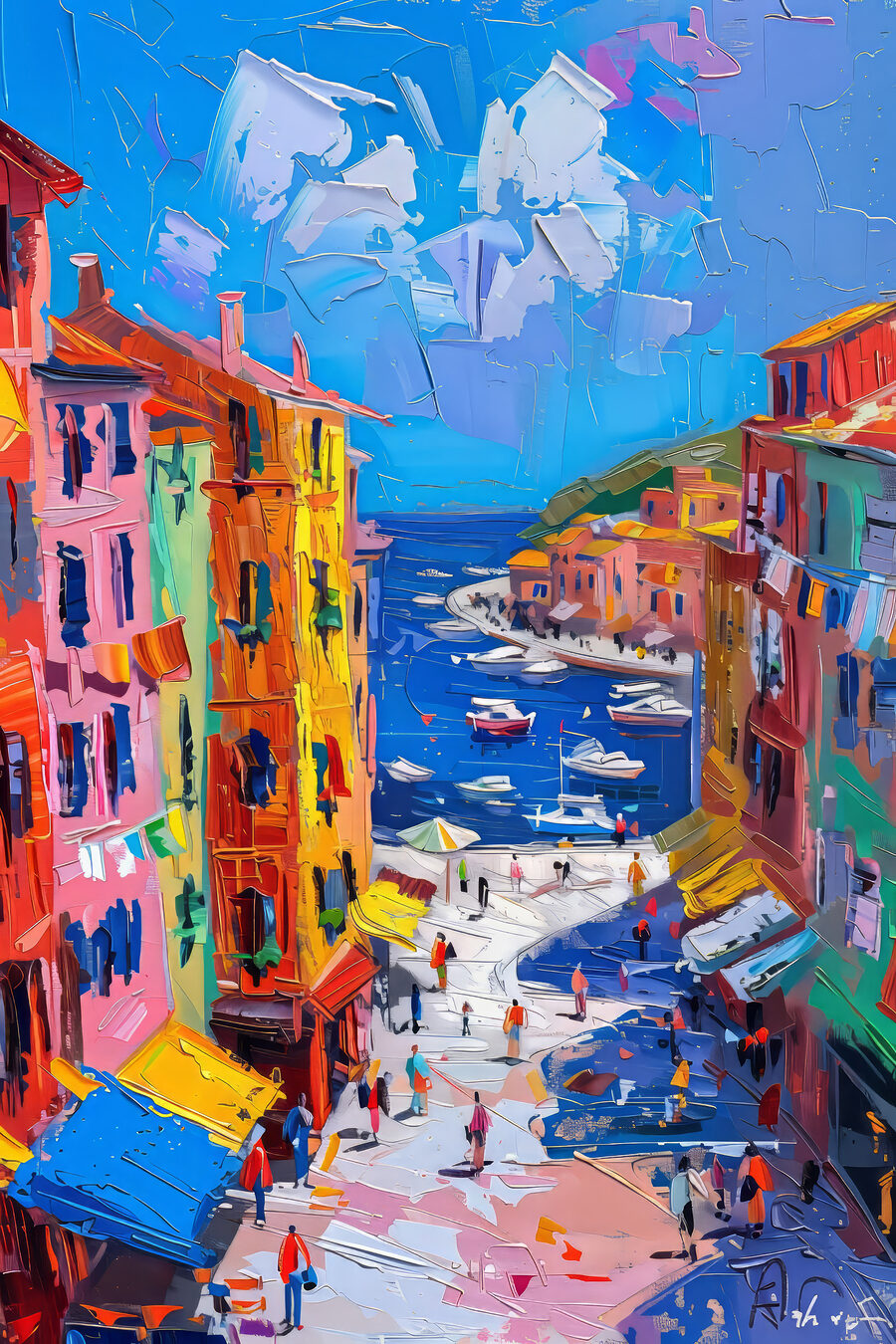 Peinture d'une ville avec des bateaux et des gens