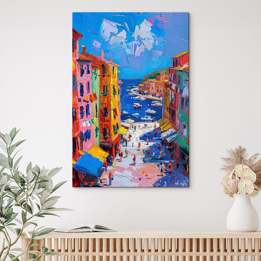 Peinture d'une ville avec des bateaux et des gens