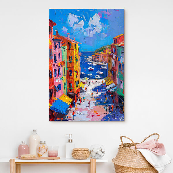 Peinture d'une ville avec des bateaux et des gens Peinture d'une ville avec des bateaux et des gens