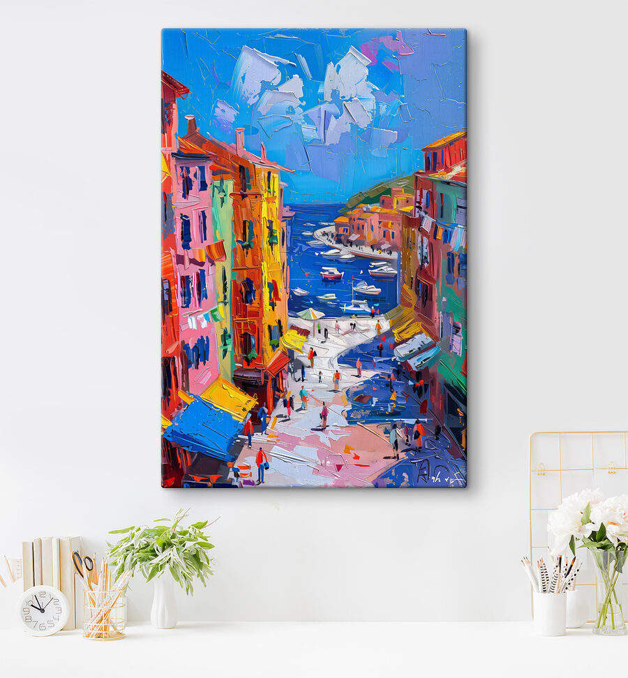 Peinture d'une ville avec des bateaux et des gens