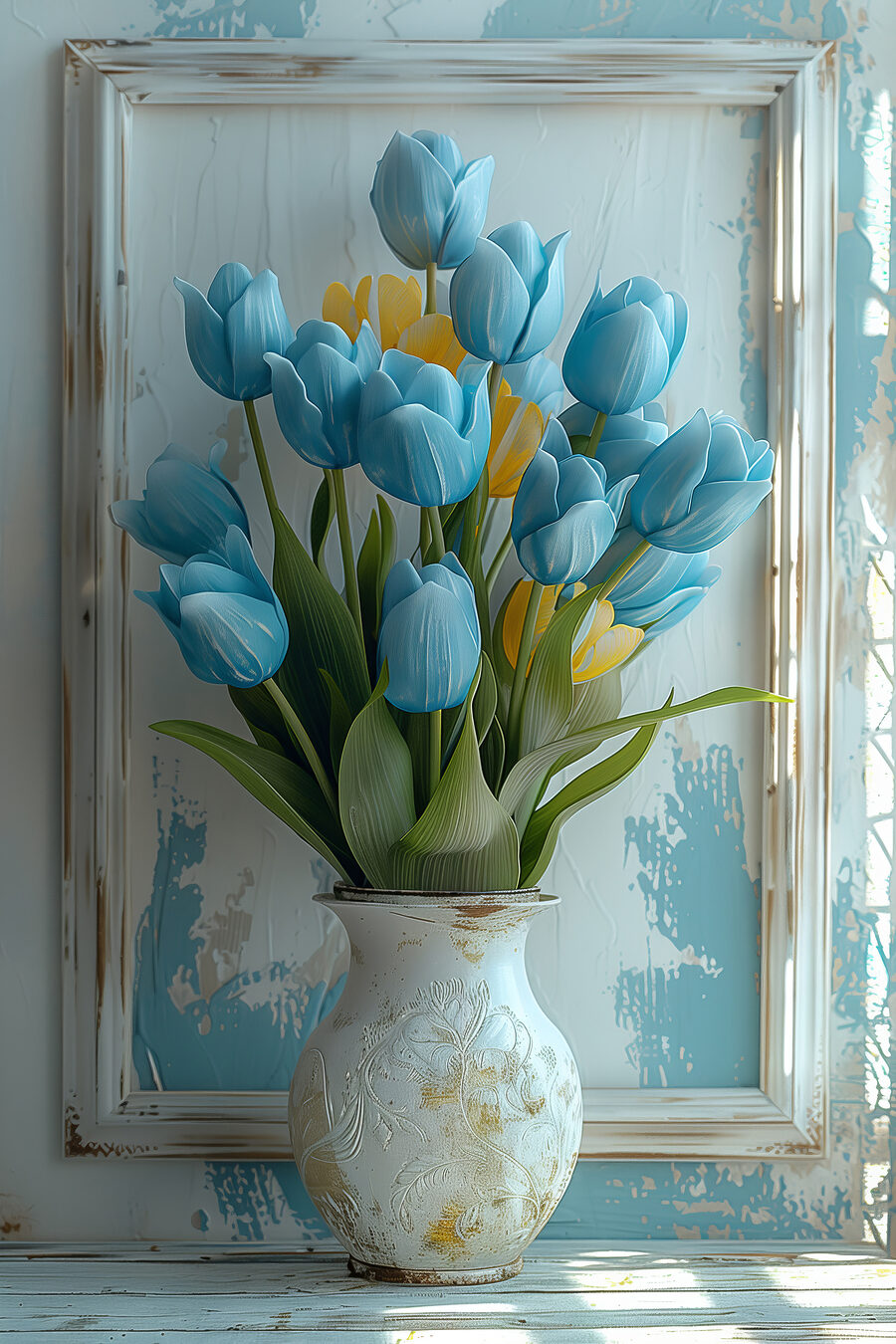 Vase de tulipes bleues et jaunes