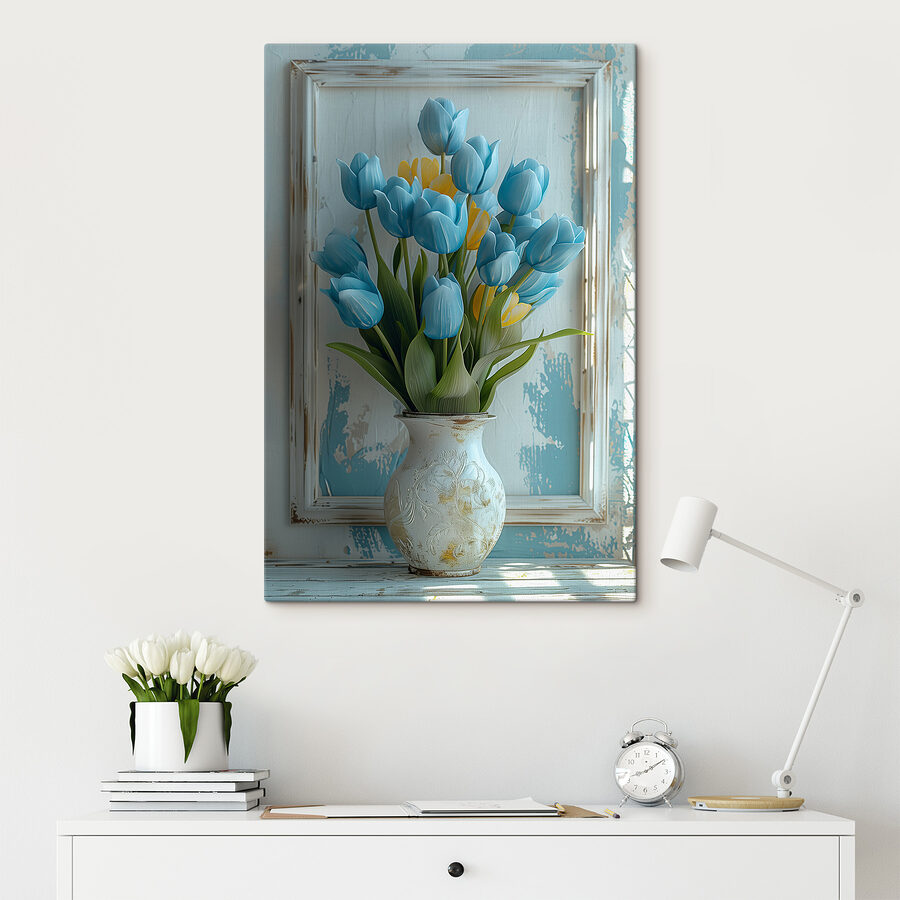 Vase de tulipes bleues et jaunes