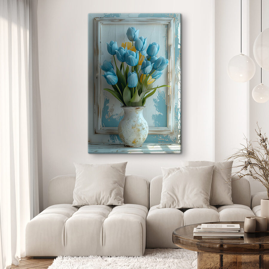 Vase de tulipes bleues et jaunes