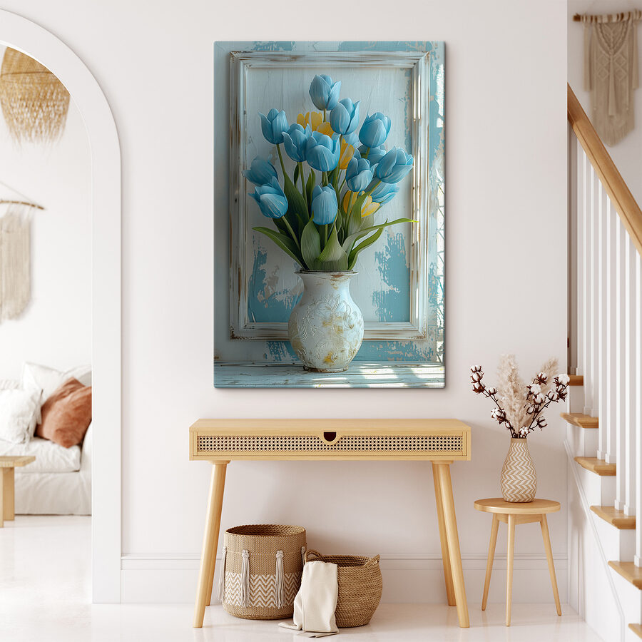 Vase de tulipes bleues et jaunes
