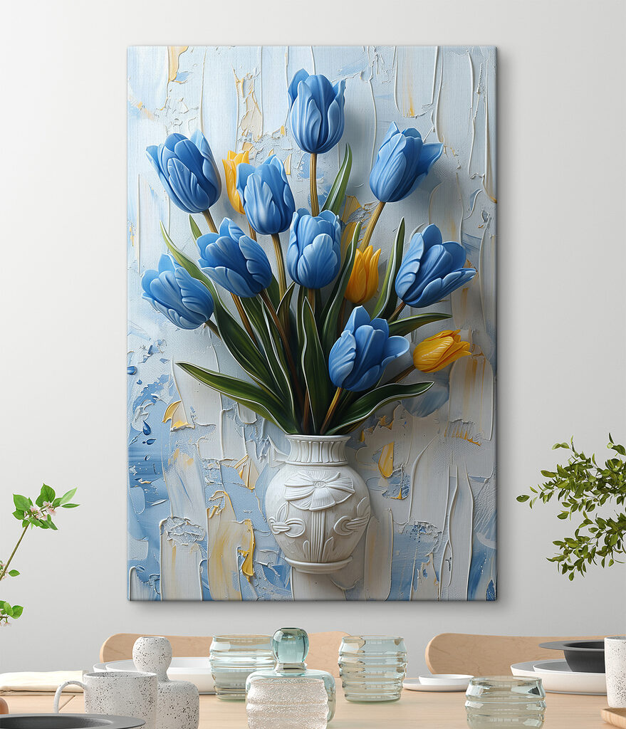 Vase of blue tulips