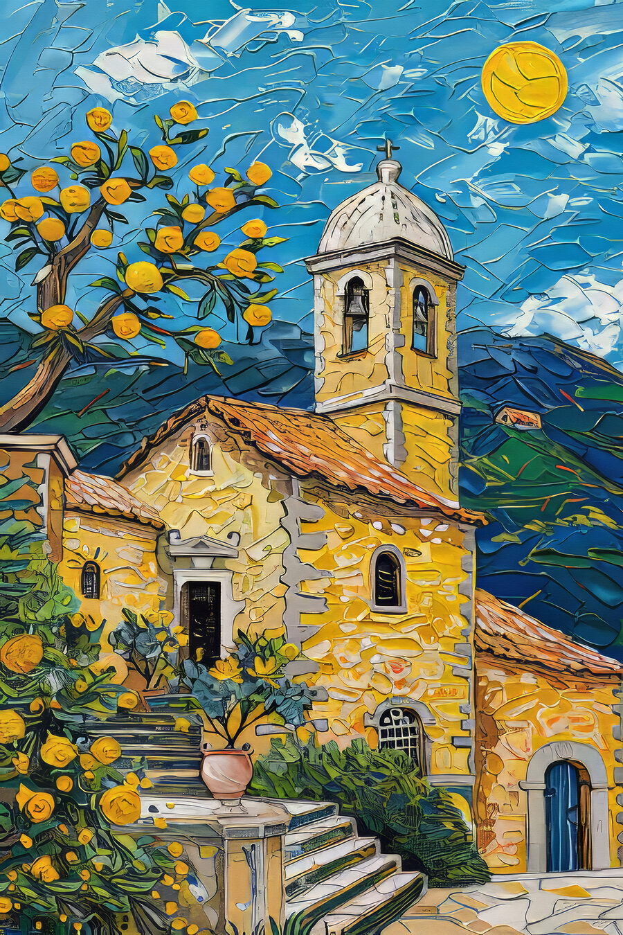 Peinture d'un bâtiment avec un clocher