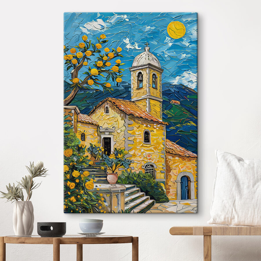 Peinture d'un bâtiment avec un clocher