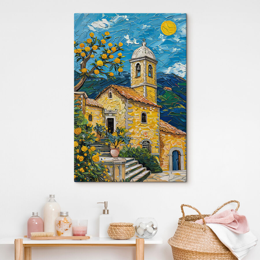 Peinture d'un bâtiment avec un clocher